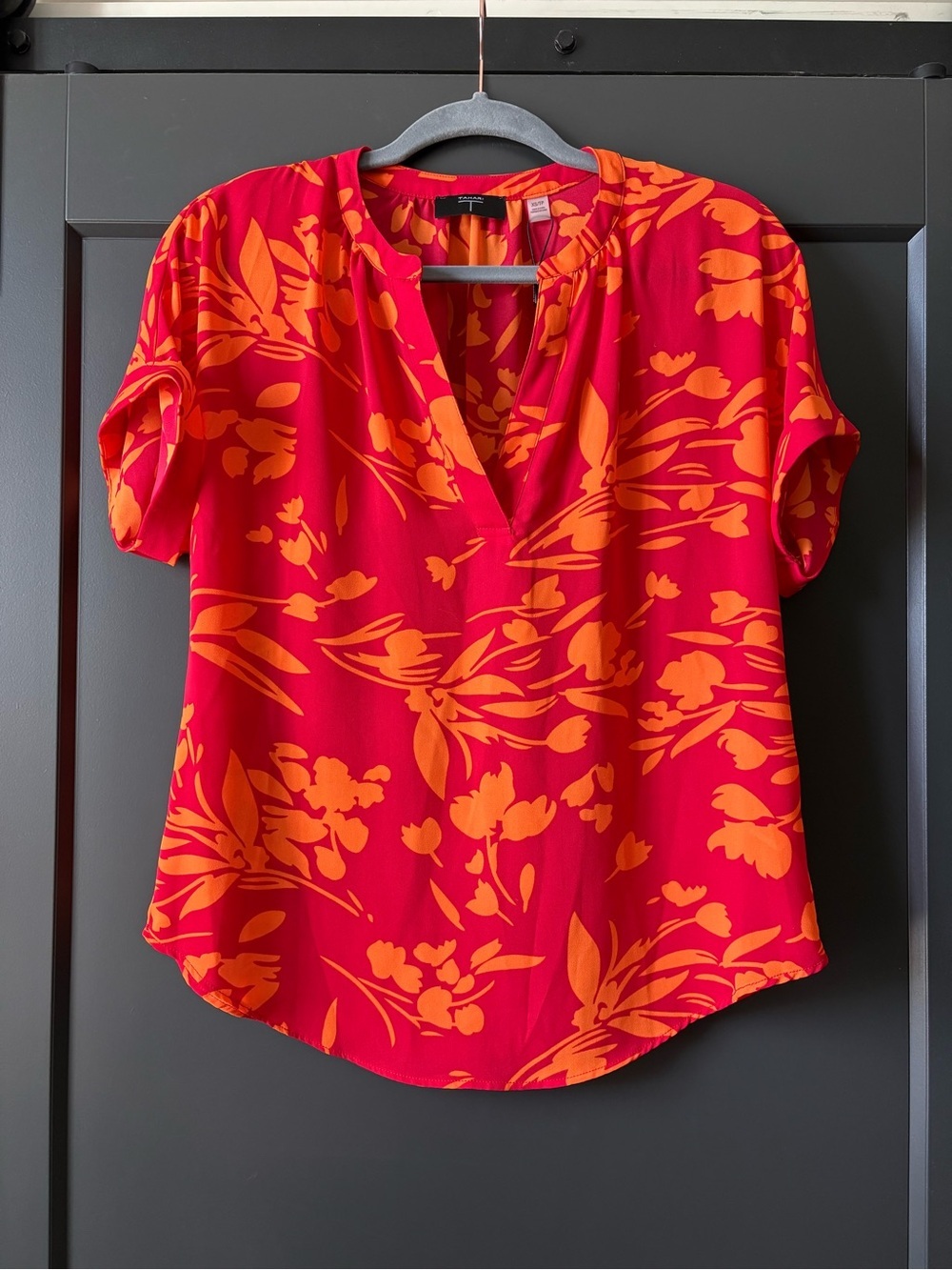 NWT Tahari Red Blouse with Orange Floral Print